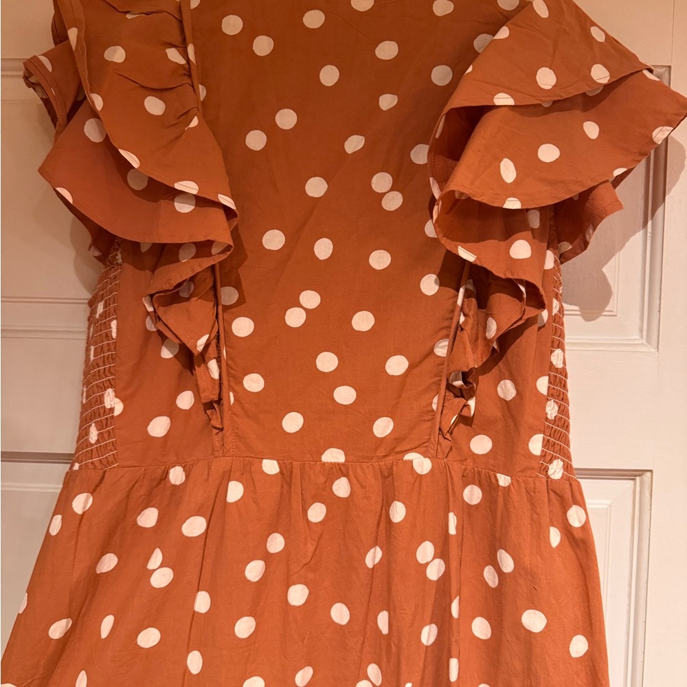 Roller Rabbit Dress, ruffles, brown, size medium, midi, white polka dots, NEW - Picture 3 of 5